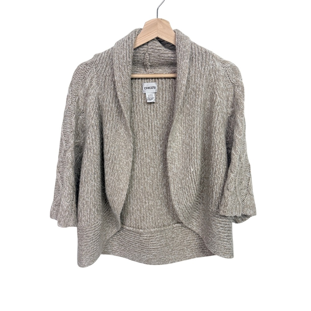 Chicos Open Front Cardigan Tan Cable Knit Shawl Collar Shrug Size 3 XL